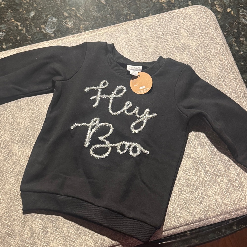 Mud Pie Black Kids Sweatshirt with 'Hey Boo' Sparkle Design
